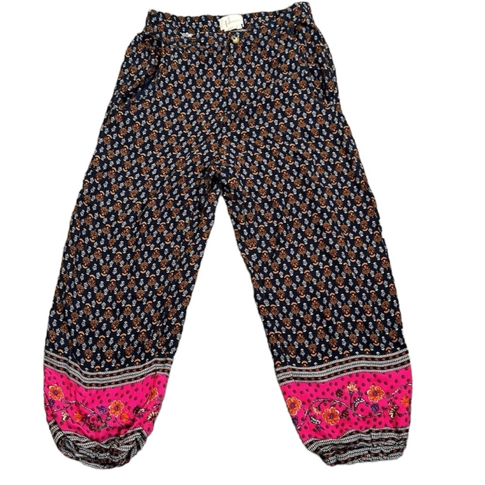 By anthropology navy blue pink smocked balloon legs pants size 2p